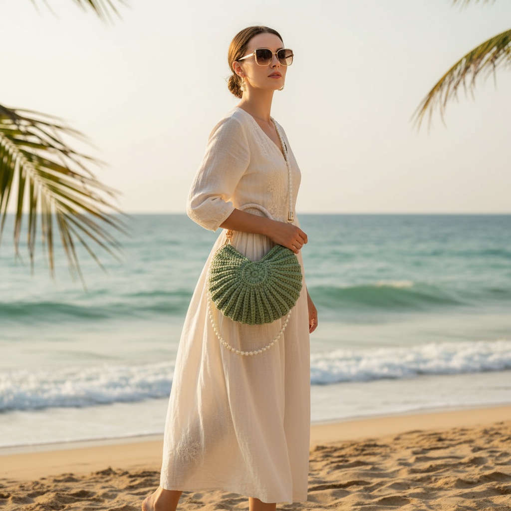 Sac coquillage tissé chaîne perles 2025